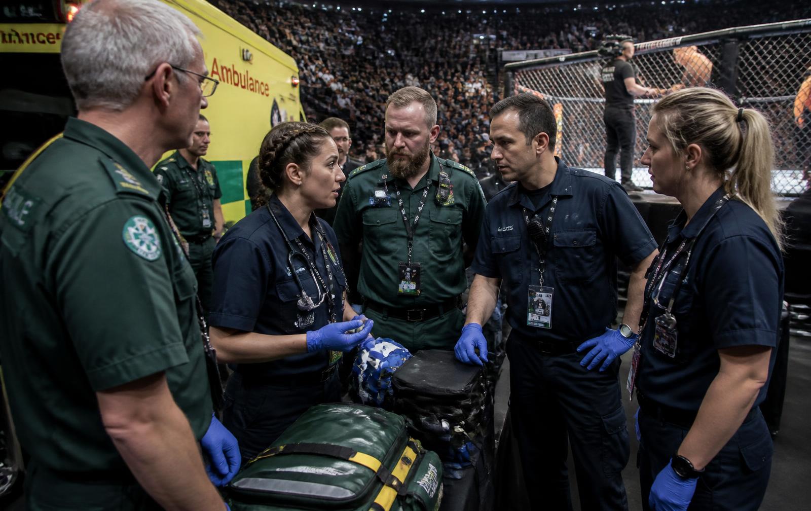 Medical team coordinating cageside at a professional MMA event